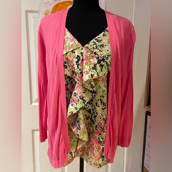 Think Spring ! August Silk Cardigan Attached Shell Floral Pink Green Size L - Picture 1 of 14